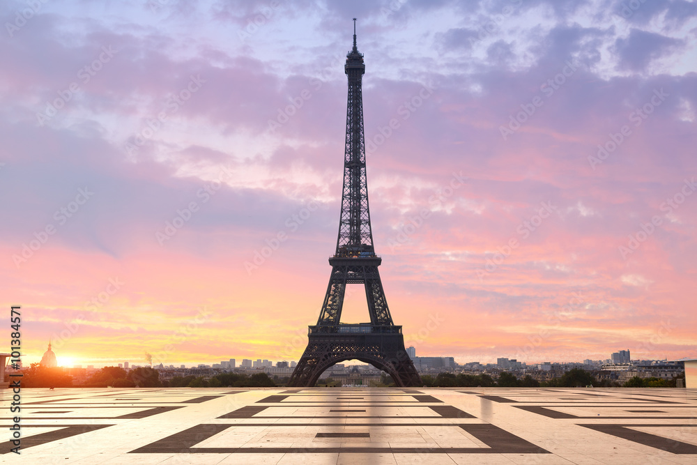 Naklejka premium Paris, Eiffel tower at sunrise