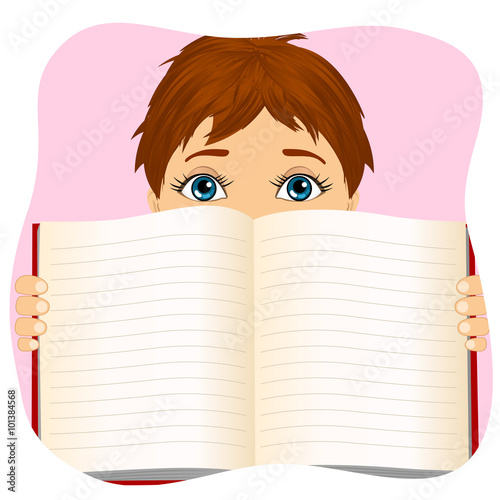 little boy holding a book wide open