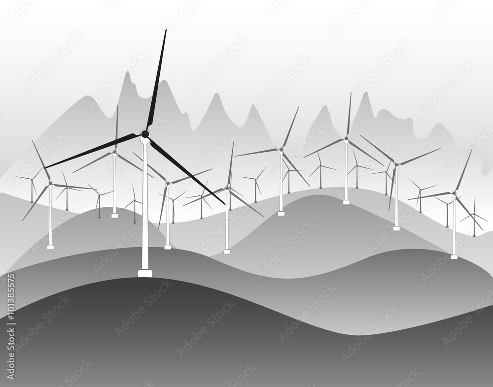 Wind electricity generators and windmills in countryside  landscape ecology illustration background vector