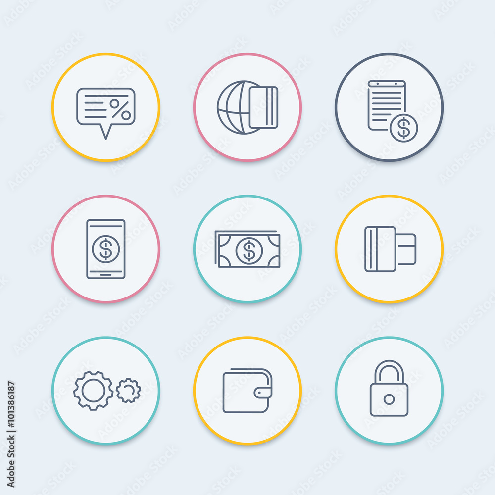 Payment methods line icons, electronic payment, credit card, wallet, mobile payment, cash round icons, vector illustration Payment methods line icons, electronic payment, credit card, wallet, mobile payment, cash round icons, vector illustration