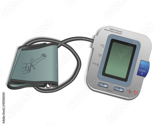 A blood pressure monitor with an inflatable cuff. 