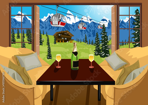 Interior of a hotel room in ski resort in summer