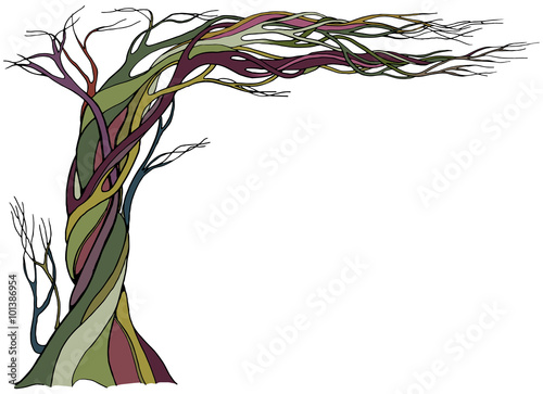 Ancient bare tree with branches bent over at ninety degrees. Color vector illustration with a space for text. 