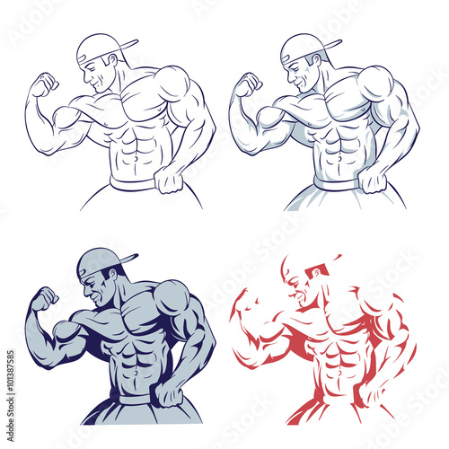 bodybuilder posing muscle man line drawing illustration on white background photo