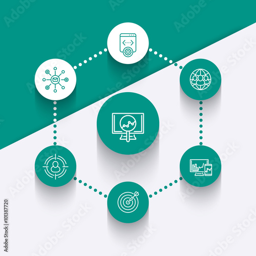 seo line round icons, search engine optimization, internet marketing, website indexing, seo tools icons, vector illustration