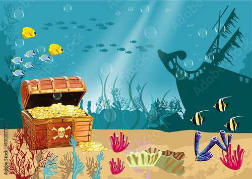 Underwater scenery with an open pirate treasure chest