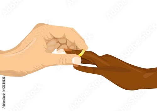 male hand inserting an engagement ring into finger of african american woman