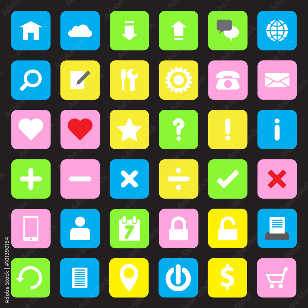 web icon set flat style on colorful rounded rectangle