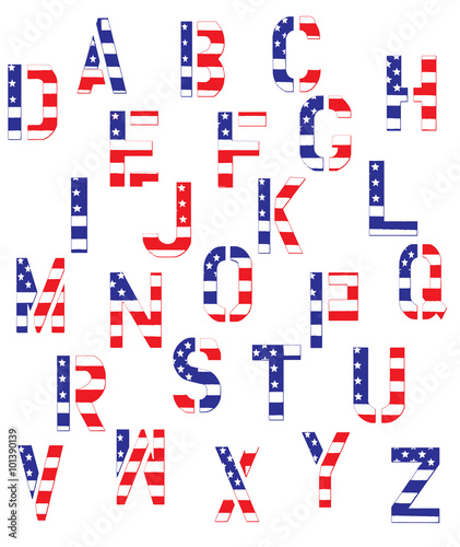 Alphabet in capital block letters with American Flag motif in grunge treatment. 