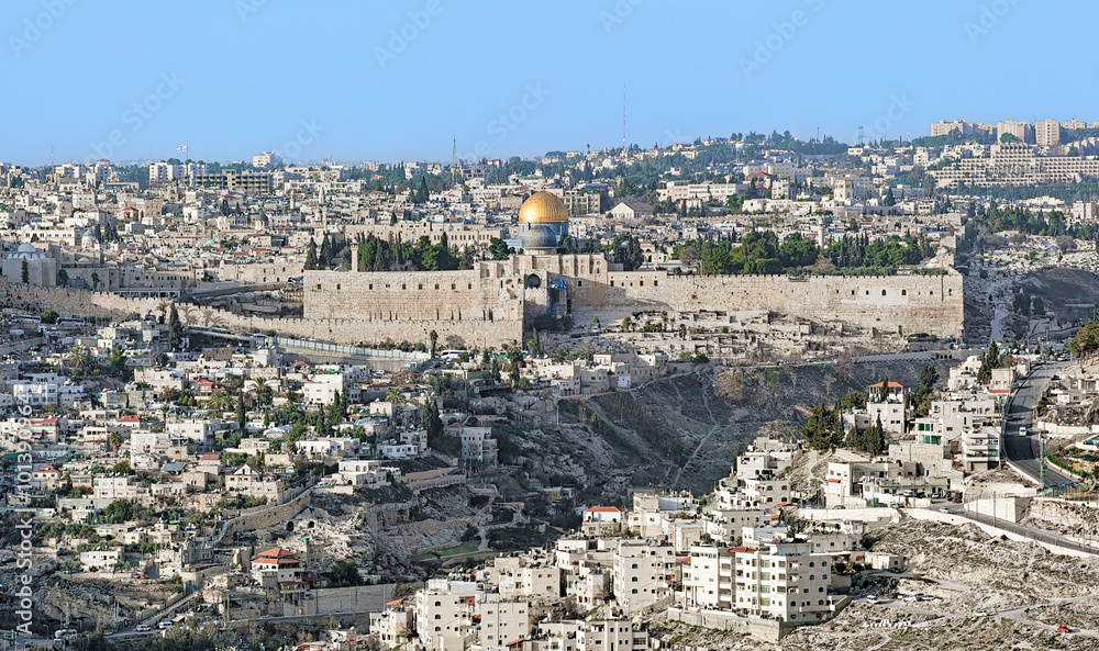 View of the Jerusalem Old City and Temple Mount with the al-Aqsa Mosque, the Dome of the Rock and the Southern Wall, Israel. View from the Armon Hanatziv panoramic lookout.