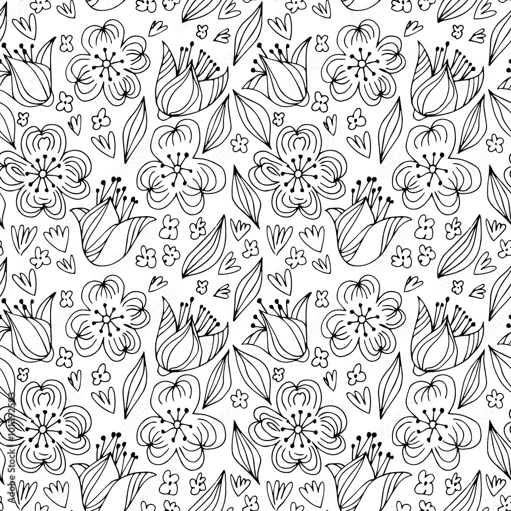 Hand drawn seamless pattern with flowers - doodle