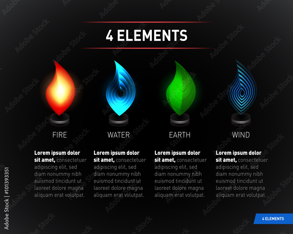Colorful Nature elements. Water, Fire, Earth, Air. Infographics elements on  dark background. Templates for renewable energy or ecology logos, emblems  or cards. Alternative energy sources Stock Vector | Adobe Stock