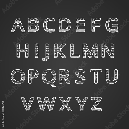 Aztec ethnic ornamental font english white and black color alphabet