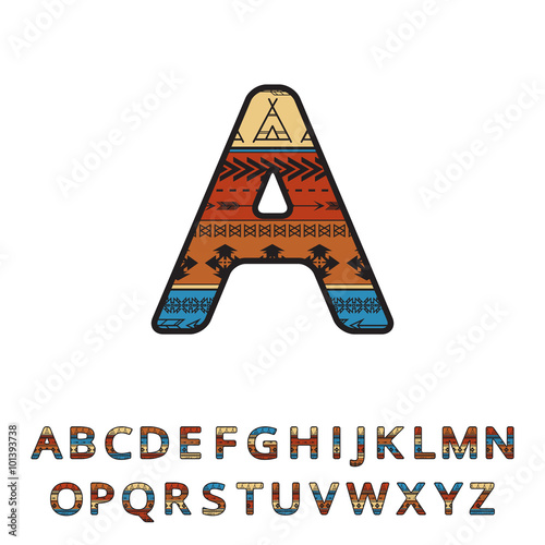 Aztec ethnic hand drawn ornamental font. Vector english colorful alphabet