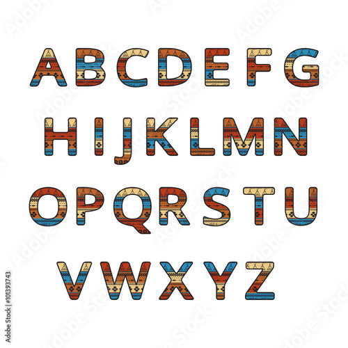 Aztec ethnic ornamental font. English colorful alphabet