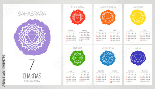 Calendar 2016 design template with 7 chakras set of 12 months , the symbol of Hinduism, Buddhism.