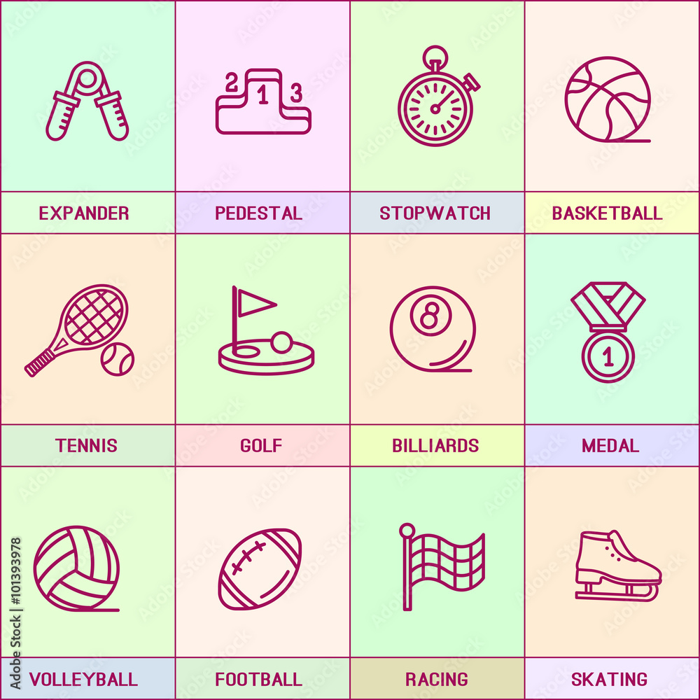 Flat line ikon set, Sporting achievements and skills.