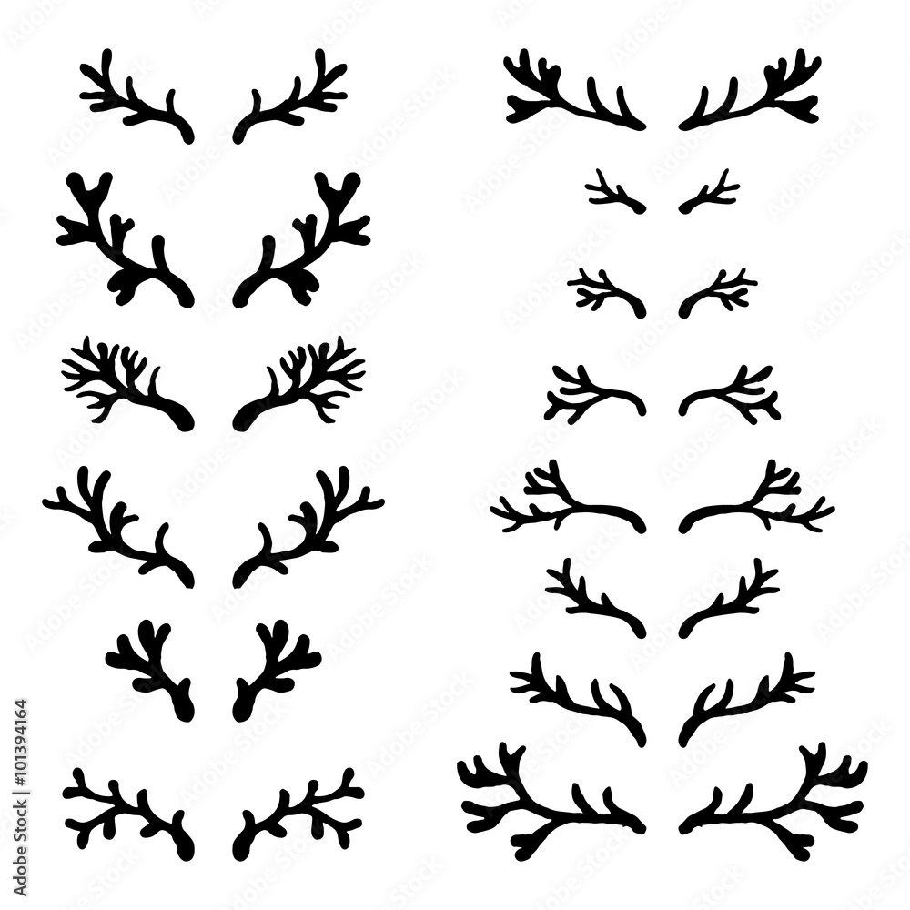Set of hand drawn deer horns black on the white color background, silhouette of antlers