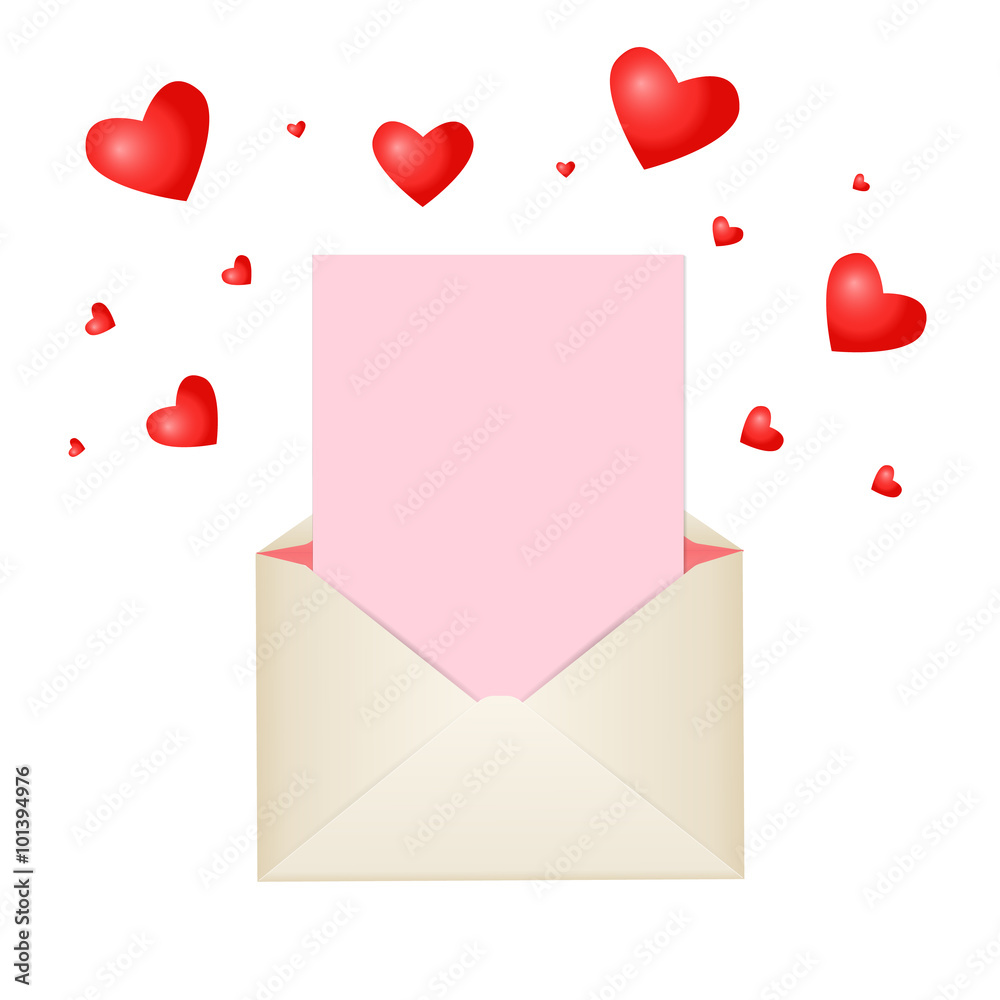 Postal envelope with piece of paper and red hearts for greeting with Valentine Day or for your wedding invitations Postal envelope with piece of paper and red hearts for greeting with Valentine Day or for your wedding invitations