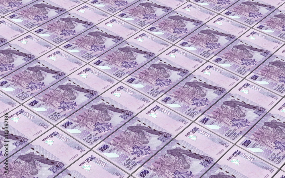 Congolese francs bills stacked background. Computer generated 3D photo rendering.
