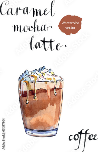 Glass of caramel latte coffee with whipped cream