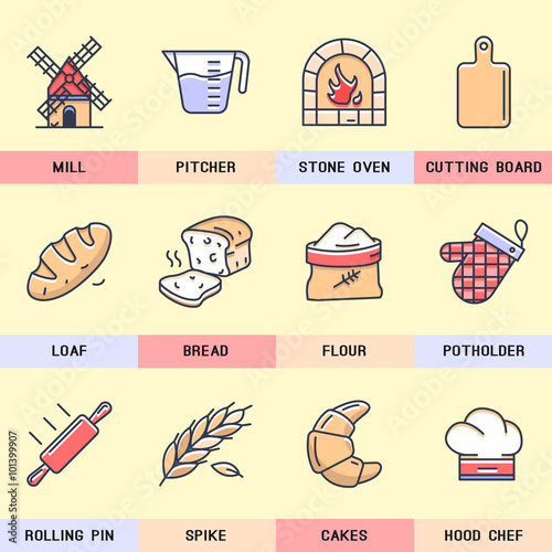 Set of vector, linear icons in a modern flat design.Flour products.
