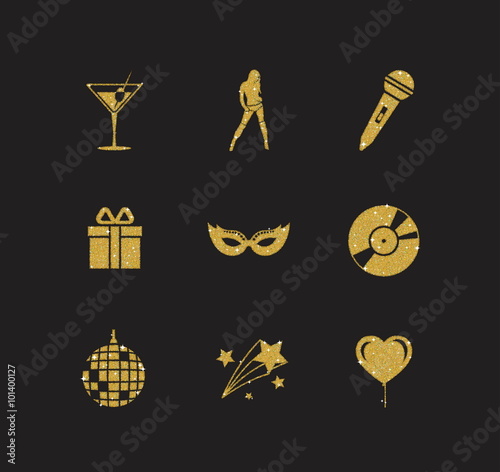 A collection of sparkling gold glitter stylized fancy night club and party icons for flier, banner, typography, web, design. 