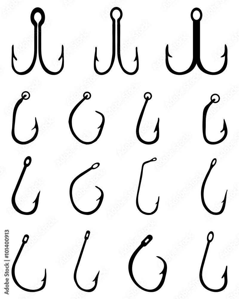 Black silhouettes of different fishing hooks, vector Stock Vector