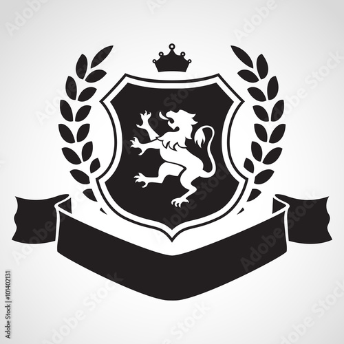 Coat of arms - shield with lion, laurel, crown at the top and ri