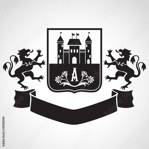Coat of arms - shield with fortress, letter A, flowers and two s