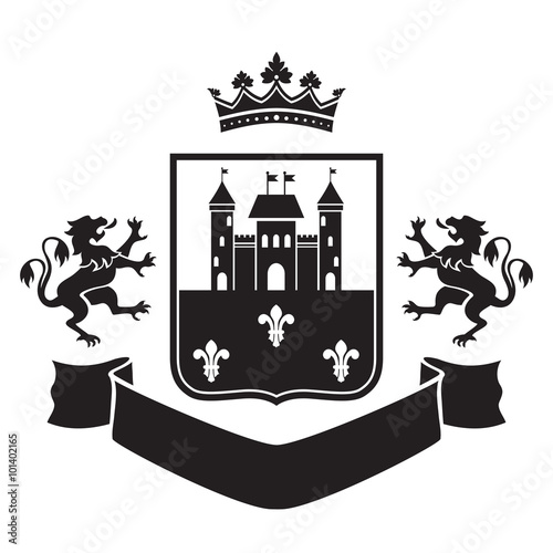 Coat of arms - shield with fortress and two standing lions at th