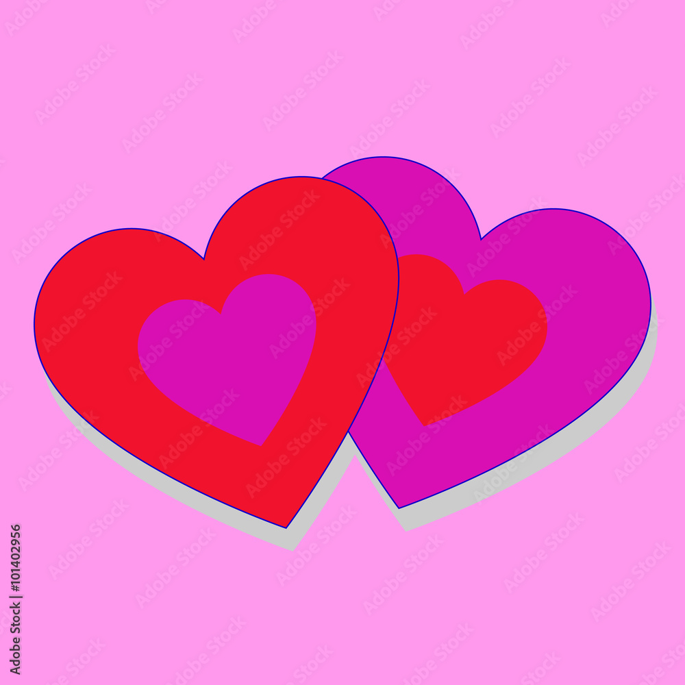 Double red purple hearts on pink background