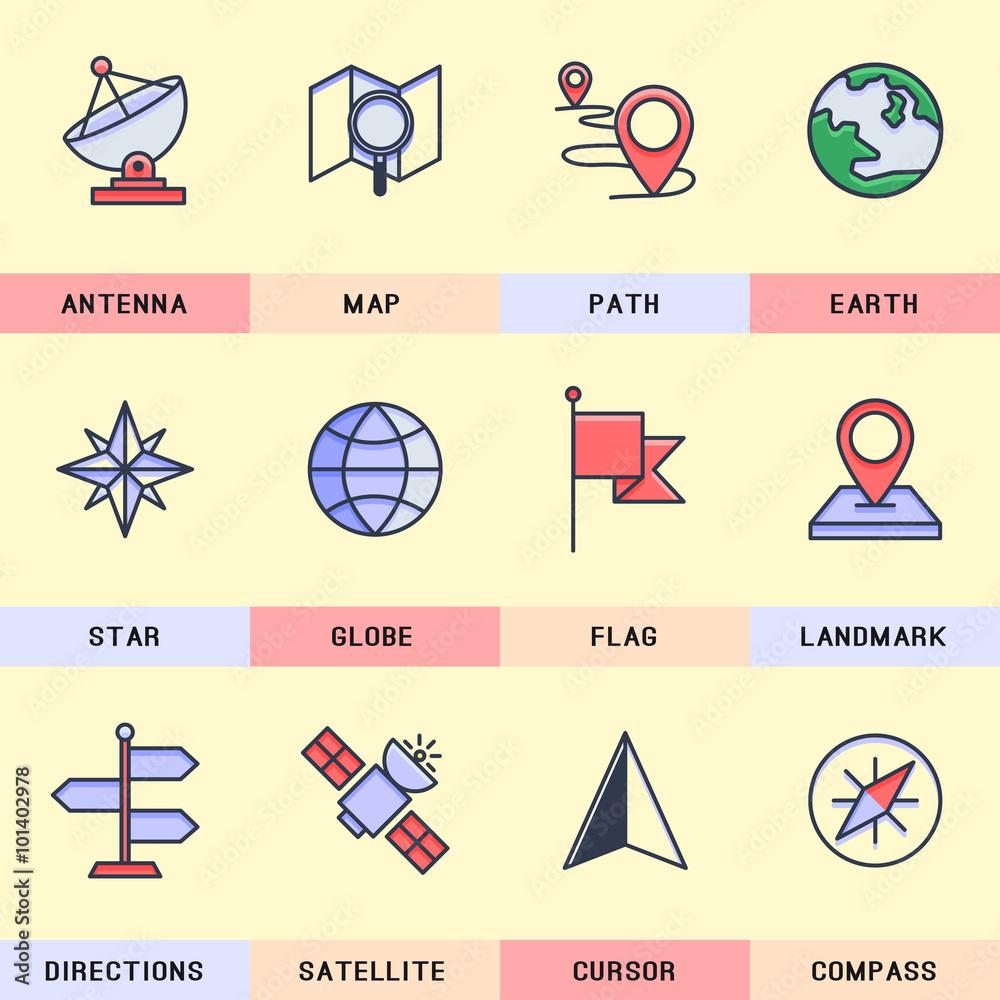 Set of vector icons in the flat style. location and navigation Set of vector icons in the flat style. location and navigation