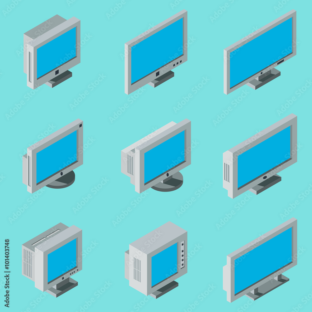 Isometric flat 3d desktop computer monitor icons set