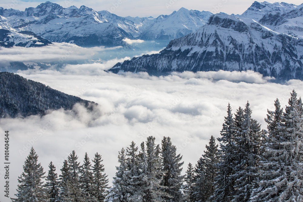 Splendid winter alpine scenery with high mountains 