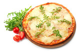 Pizza full of cheese on wooden board with vegetables isolated on white background