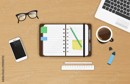 Realistic work desk organization with open diary and stickers for notes on the wooden textured table. Top view with cup of coffee, laptop, smartphone and pencil to write note and remarks