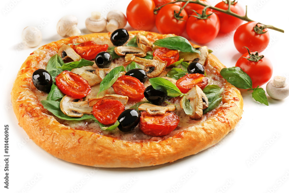 Delicious tasty pizza with vegetable, isolated on white Delicious tasty pizza with vegetable, isolated on white