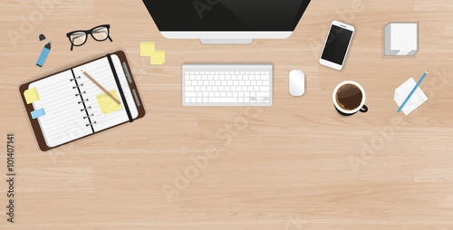 Realistic work desk organization. Top view with textured table, computer with keyboard, smartphone, stickers, glasses, open diary and coffee mug
