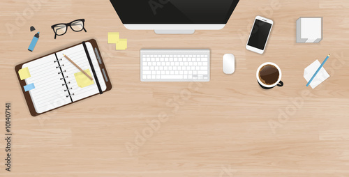 Realistic work desk organization. Top view with textured table, computer with keyboard, smartphone, stickers, glasses, open diary and coffee mug