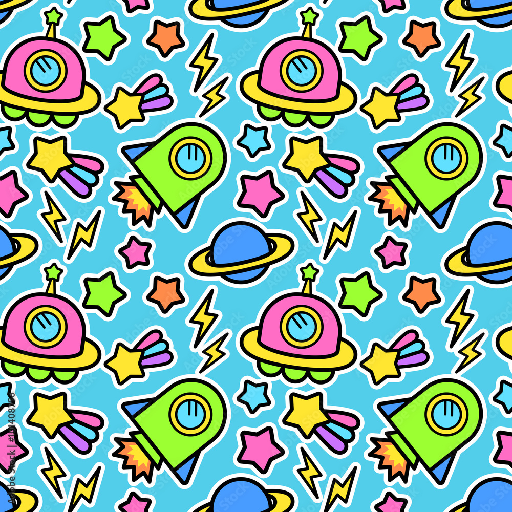 宇宙 Ufo ロケット 惑星 柄 シームレスパターン 水色 Stock イラスト Adobe Stock