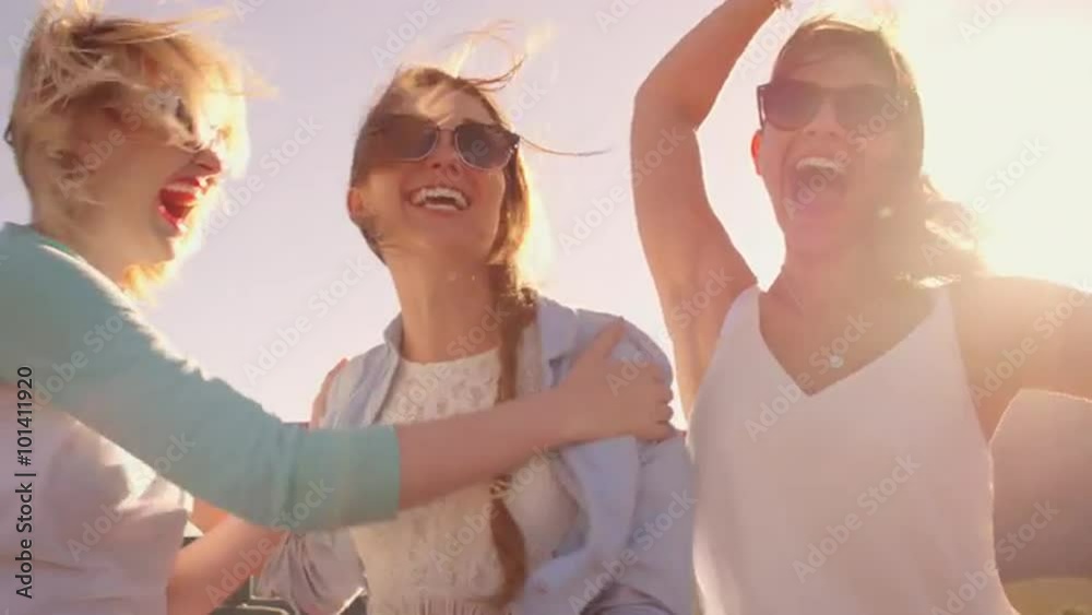 Female Friends On Road Trip In Convertible Car Shot On R3D
