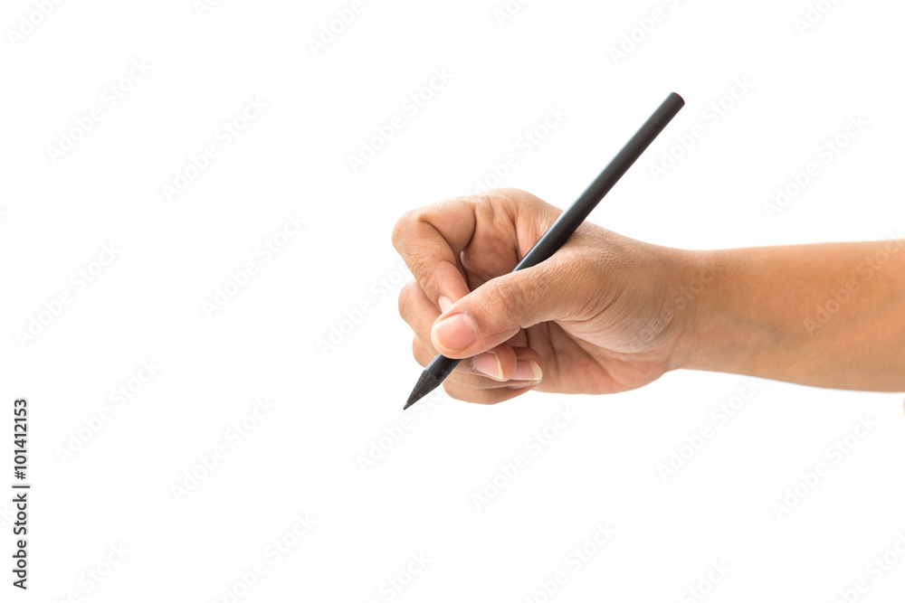 Close up hand of woman holding black pencil isolated on white Close up hand of woman holding black pencil isolated on white