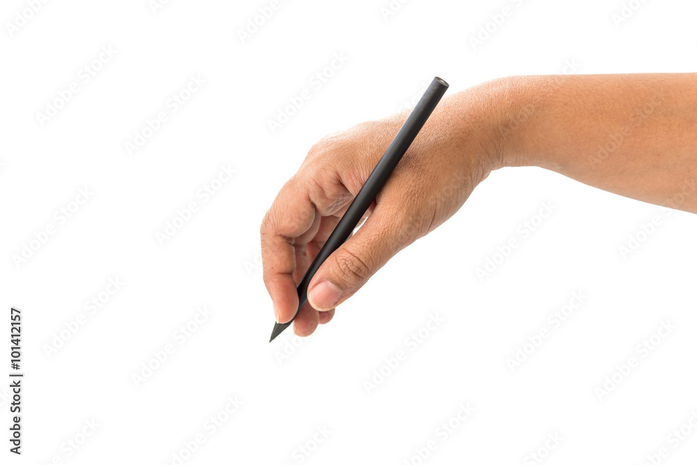 Close up hand of woman holding black pencil isolated on white Close up hand of woman holding black pencil isolated on white