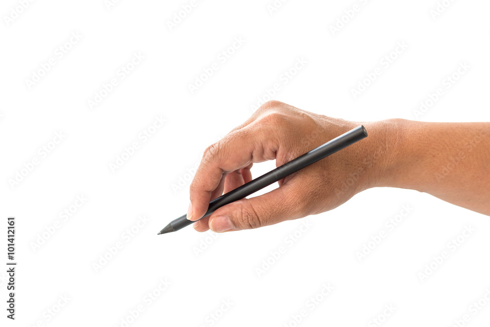 Close up hand of woman holding black pencil isolated on white Close up hand of woman holding black pencil isolated on white