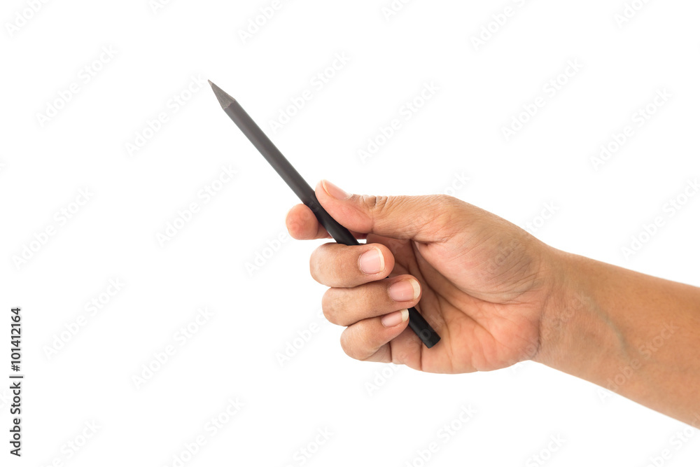 Close up hand of woman holding black pencil isolated on white Close up hand of woman holding black pencil isolated on white