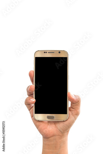 Close up hand of woman holding smartphone isolated on white