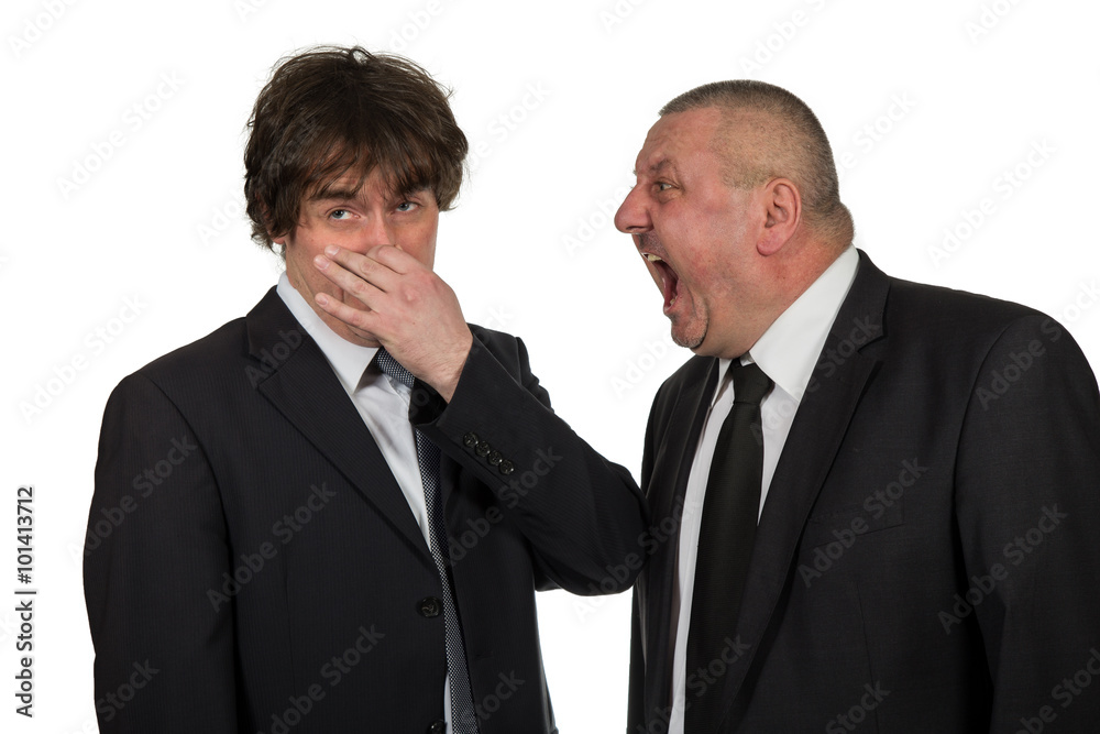Two businessmen find out emotionally attitudes isolated on white background Two businessmen find out emotionally attitudes isolated on white background