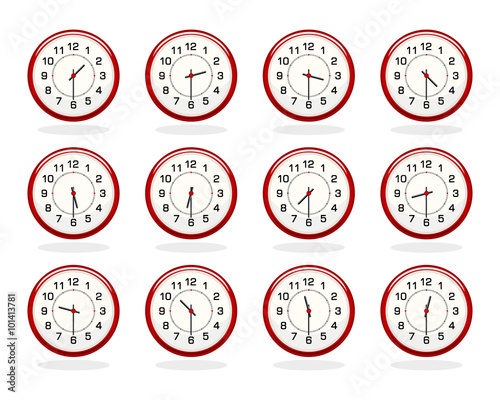 Set of red clocks for business hours. Half past hours version