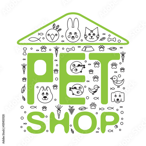 Vector logo design template for pet shops, veterinary clinics and homeless animals shelters - circle made with mono line icons of cats and dogs - badge for websites and prints